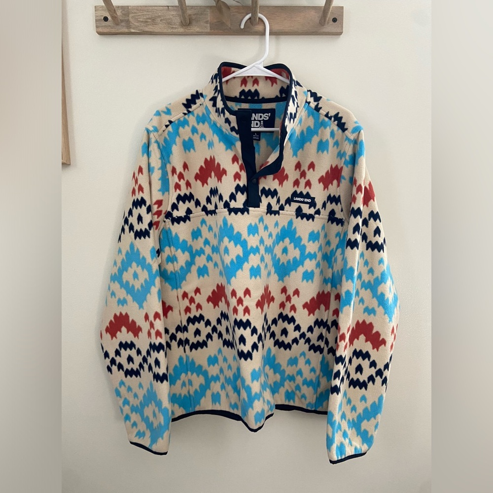 Lands’ End Aztec Print Quarter Snap Up Fleece Pullover - Size Large